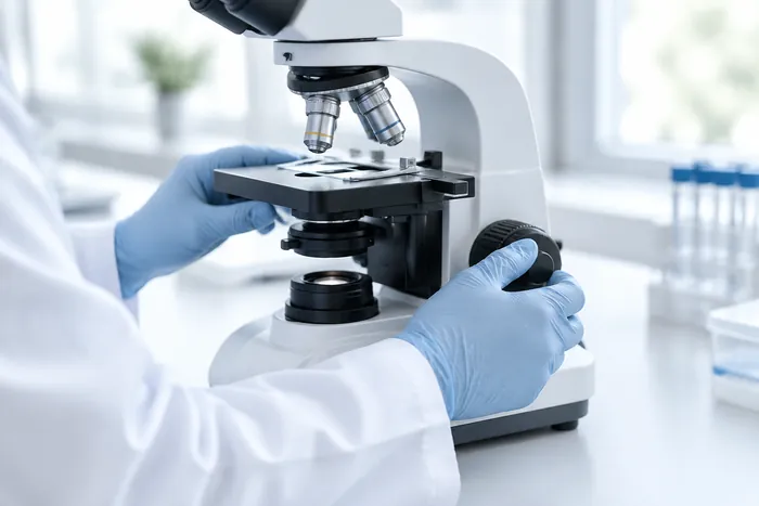 Researcher at a microscope