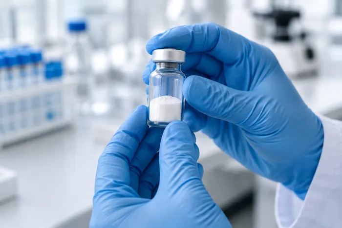 Vial mit Lyophilisat in behandschuhter Hand