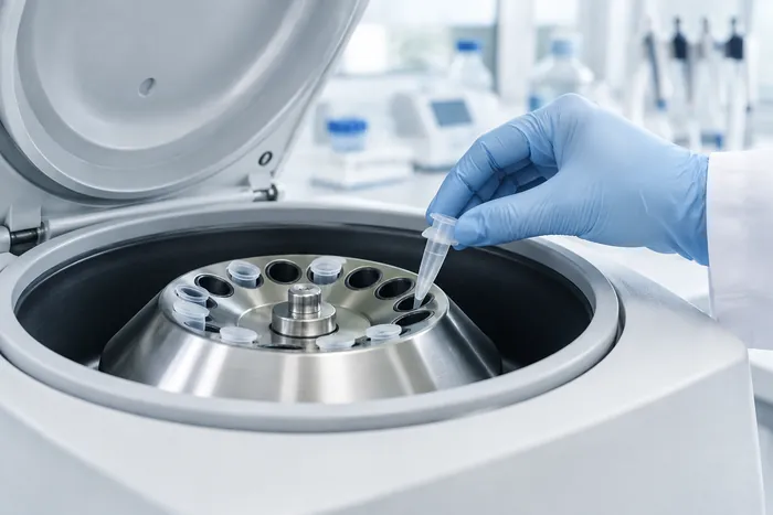 Gloved hand at a laboratory centrifuge